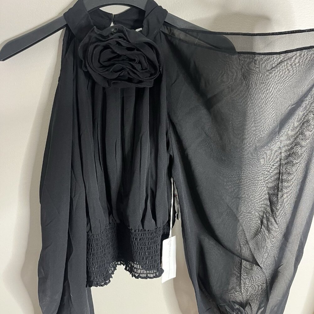 Live 4 Truth NEW Size Small Black Rosette Top Sheer Cold Shoulder High Neck - Picture 3 of 7